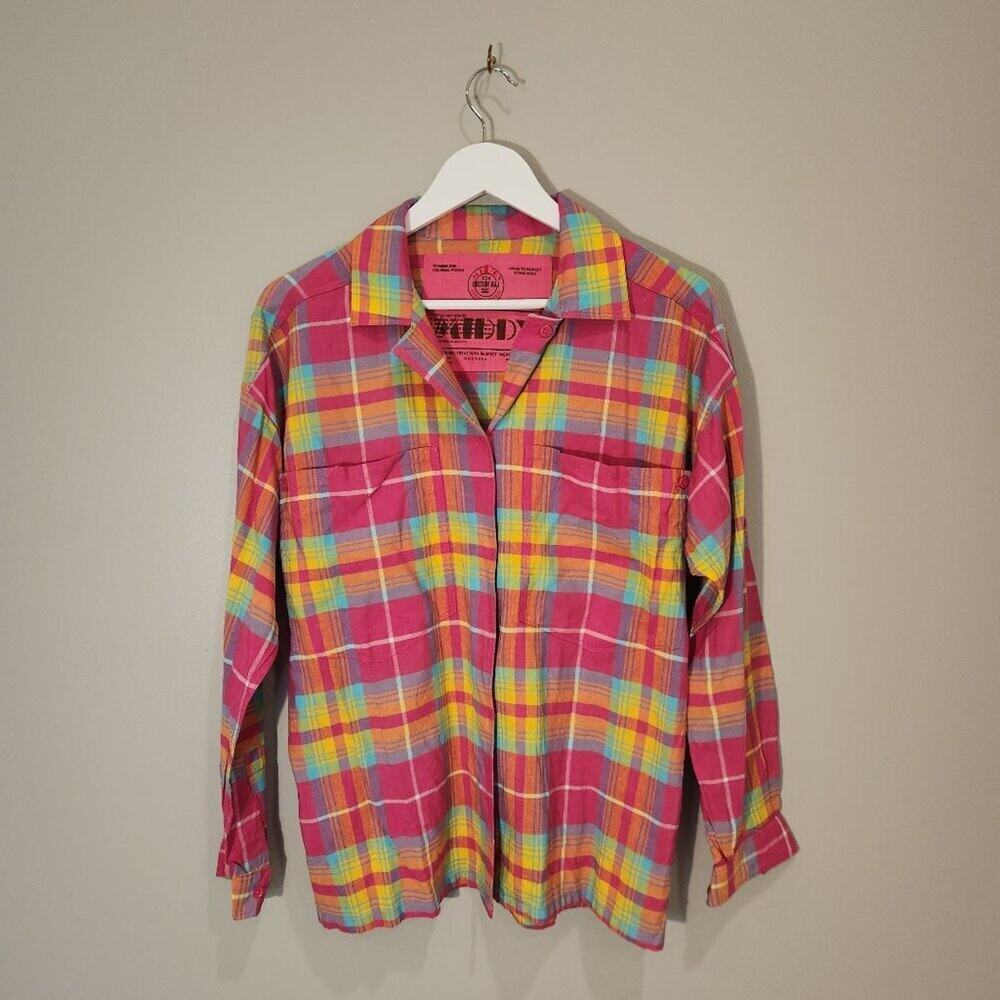 Middy British Raj Women's Oversided Pink Plaid Button Up Shirt RARE - Size S